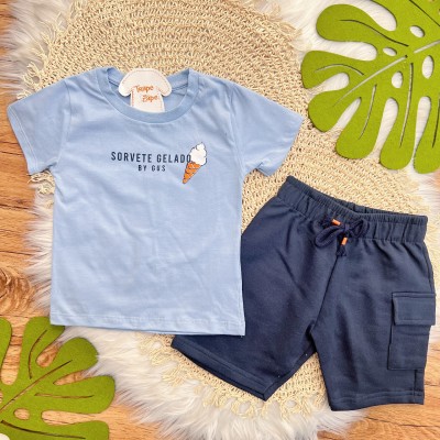 Conj. Camiseta Sorvete Gelado e Bermuda - Azul